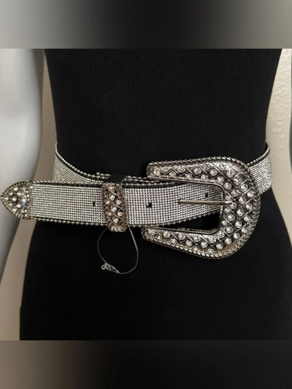 Western silver tone PU leather chunky buckle rhinestone details skinny belt